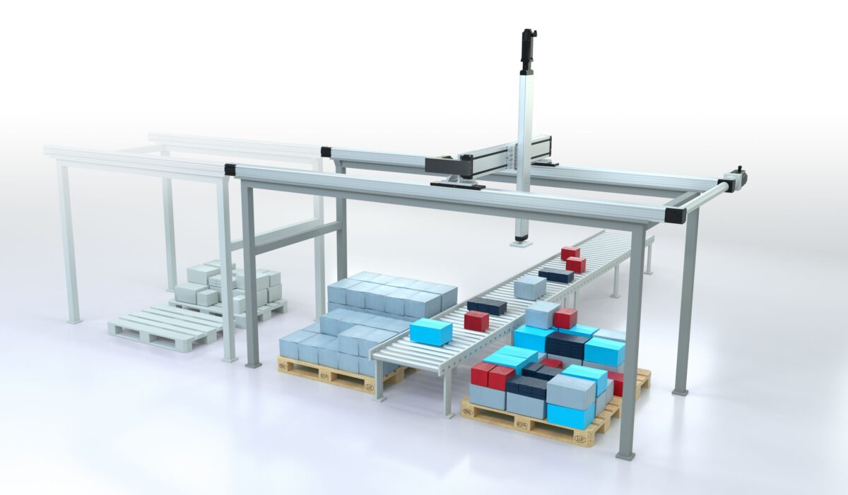 Effiziente Automatisierung in der Logistik: Mehrachssysteme, eingebunden in eine Lösung für das flexible Be- und Entladen von Paletten. Foto: Bosch Rexroth AG
