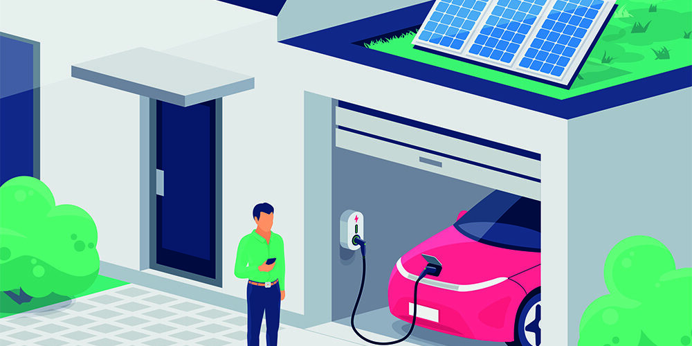 Illustration eines Hauses mit einer Garage. Das E-Auto in der Garage wird über eine Wallbox geladen. Dem Strom liefert die PV-Anlage auf dem Garagendach.