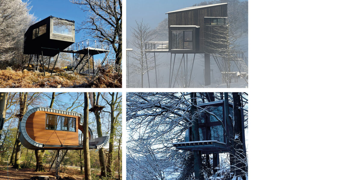 Bild 2. Fertiggestellte Wohngebäude über dem Boden mit Namen: Stelzenhaus Oak (a), Stelzenhaus Treeangle (b), Baumhaus Loop (c), Baumhaus Cube (d). Foto: I. Münch