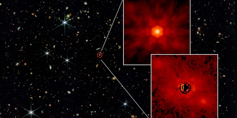 Bild eines Quasars und Schwarzen Lochs im Weltall, aufgenommen mit dem James-Webb-Teleskop