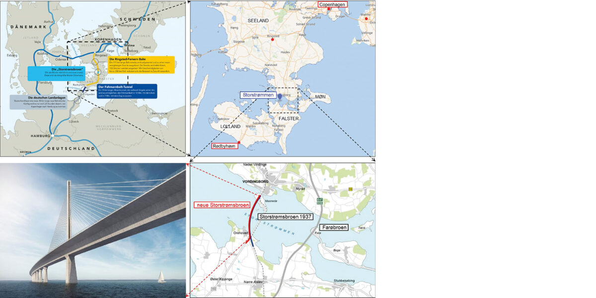 Lage der neuen Storstrømsbroen als integraler Bestandteil der zukünftigen festen Eisenbahnverbindung zwischen Kopenhagen und Hamburg und als Ersatz für die bestehende Storstrømsbroen von 1937. Grafik: Deutsche Bahn, Google Maps, unten links: Visualisierung des Entwurfs: Vejdirektoratet