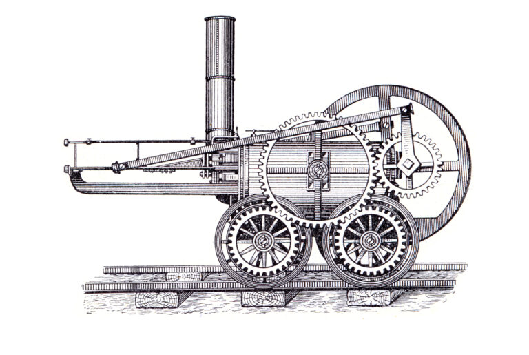 Kupferstich erste Dampflokomotive von Richard Trevithick