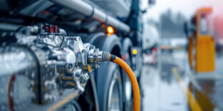 Nahaufnahme des Wasserstofftankanschlusses an einem Brennstoffzellen-Lkw.