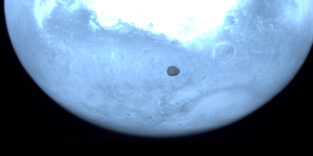 In dieser Hyperscout H-Aufnahme im nahen Infrarot, die die ESA-Raumsonde Hera während ihres Vorbeiflugs am Mars am 12. März 2025 gemacht hat, erscheint der Mars in einem leuchtenden Hellblau. Davor ist der Marsmond Deimos zu sehen. Zum Zeitpunkt der Aufnahme befand sich Hera rund 1.000 Kilometer von Deimos entfernt