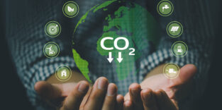 Zwei Hände halten eine virtuelle Welkugel.