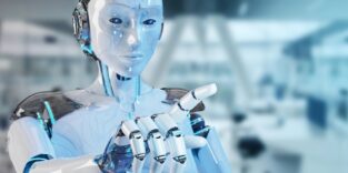 Humanoider Roboter, der mit einem Finger auf etwas zeigt.