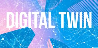 Digital Twin theme with abstract patterns and skyscrapers