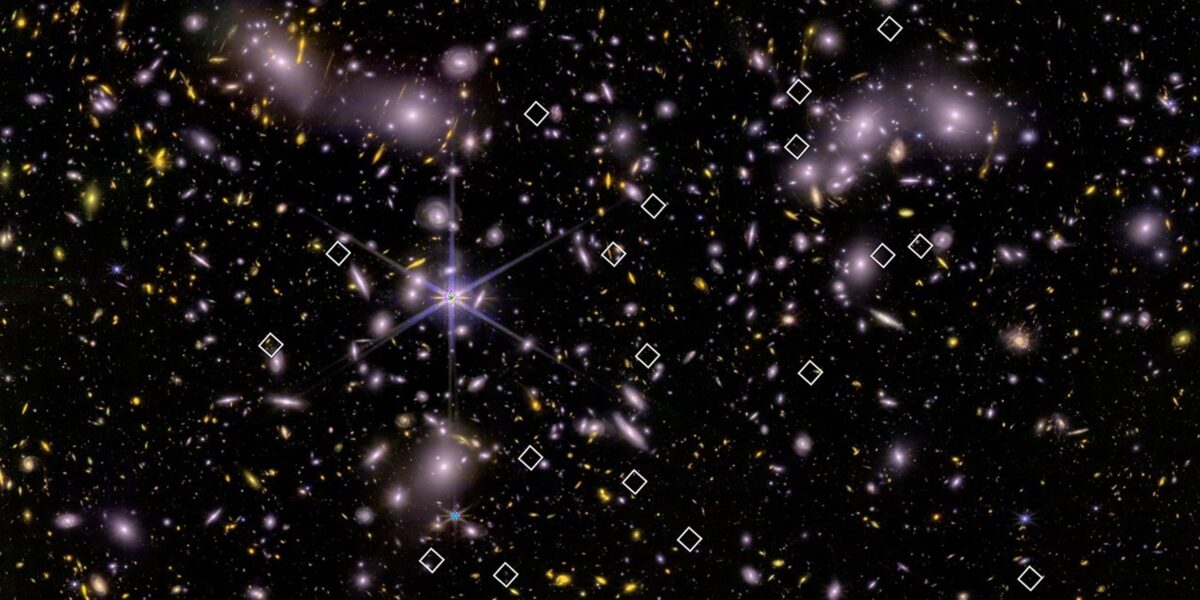 Symbole markieren die Positionen junger, massearmer Galaxien, in denen neue Sterne entstehen, als das Universum etwa 800 Millionen Jahre alt war. Mit einem Filter, der solche Galaxien erkennen kann, hat das James-Webb-Weltraumteleskop der NASA sie mithilfe einer natürlichen Gravitationslinse abgebildet, die durch den massereichen Galaxienhaufen Abell 2744 entsteht. Insgesamt wurden 83 junge Galaxien gefunden, aber nur die 20 hier gezeigten (weiße Rauten) wurden für eine genauere Untersuchung ausgewählt. Die Einblendung zeigt eine Vergrößerung einer der Galaxien. Foto: NASA/ESA/CSA/Bezanson et al. 2024 and Wold et al. 2025