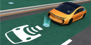 Grafik eines Elektroautos, dass über eine Straße mit Ladespulen fährt.