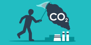 Zeichnung eines Strichmännchens mit Kescher, der eine CO2-Wolke einfängt.