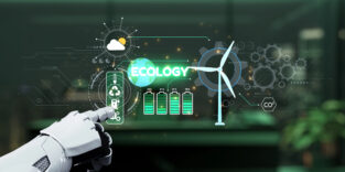 Futuristic Robot Hand Interacting with Renewable Energy Technology Concepts like Ecology, Wind Turbines, and Battery Innovations for Sustainable Development. Auvana