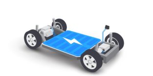 Grafik eines E-Auto-Chassis mit Batterie in der Mitte.