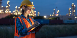 Frau mit Schutzhelm und Warnweste nutzt ein Tablet. Im Hintergrund eine beleuchtete Industrieanlage bei Dämmerung.