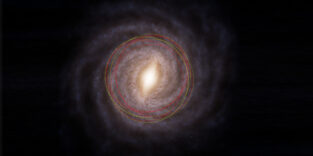 Draufsicht auf die Milchstraße mit den geschätzten Umlaufbahnen unserer Sonne und des Kometen 3I/ATLAS