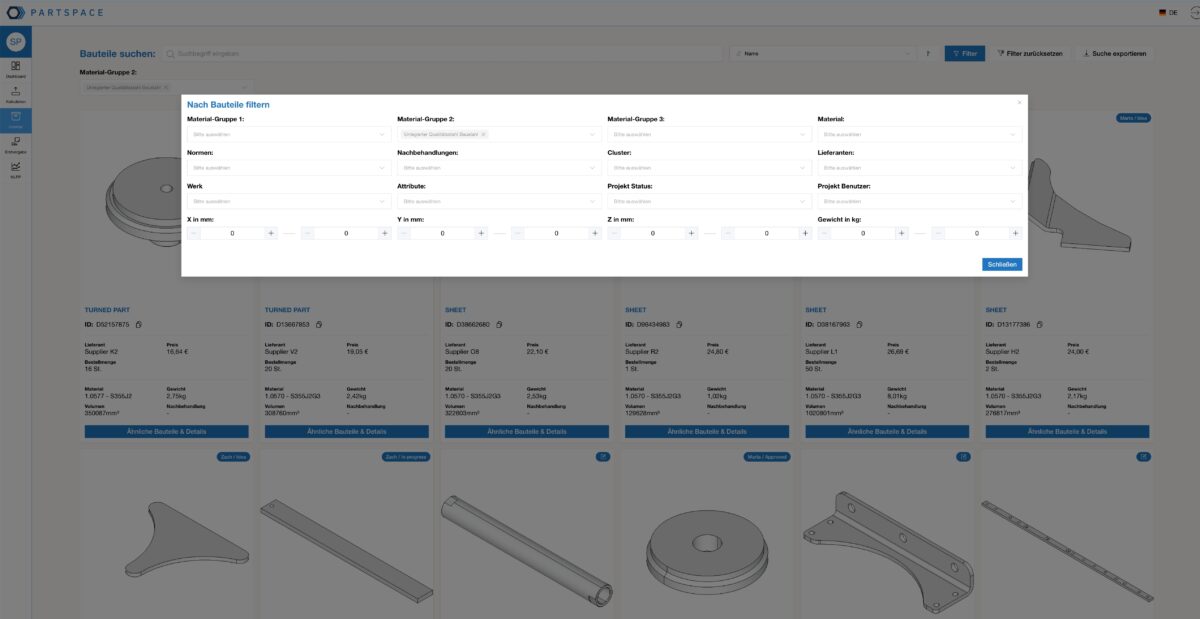 Bauteilsuche mit PartSpace AI: Die Plattform filtert nach Werkstoff, Abmessung, Fertigungsverfahren, Lieferant oder Projektstatus –  für datengetriebene Einkaufsentscheidungen. Foto: PartSpace