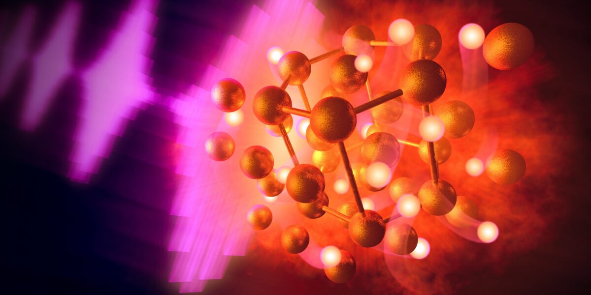 Künstlerische Darstellung: Mittels Röntgenpulsen untersuchte ein internationales Team an Forschenden am European, wie Gold mit Wasserstoff reagiert und sogenanntes Goldhydrid bildet. Foto: Greg Stewart/SLAC