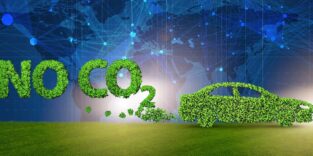 Grafik eines Autos aus Blättern vor einer virtuellen Weltkarte.