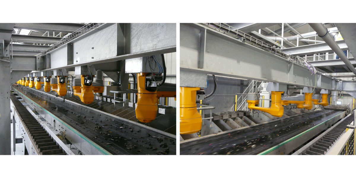 In Reih und Glied: In der Megapicker-Linie sortieren 18 Roboter die wertvollen Nichteisenmetalle aus dem Autorecycling. Die Linie kann 15.000 Tonnen/Jahr aus dem Schredder sortieren – mit einer Zykluszeit von einer Sekunde pro Roboter. Foto: Stäubli/Comet