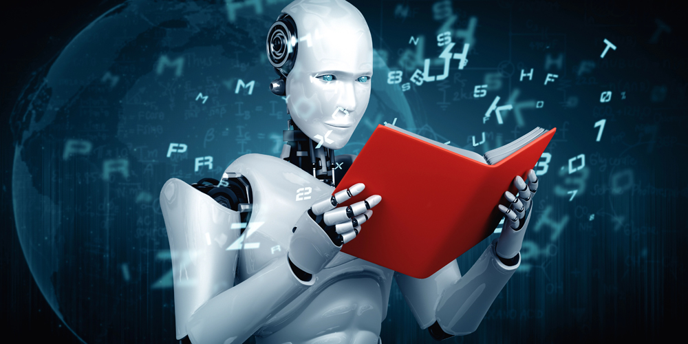 Humonoider Roboter liest ein Buch.