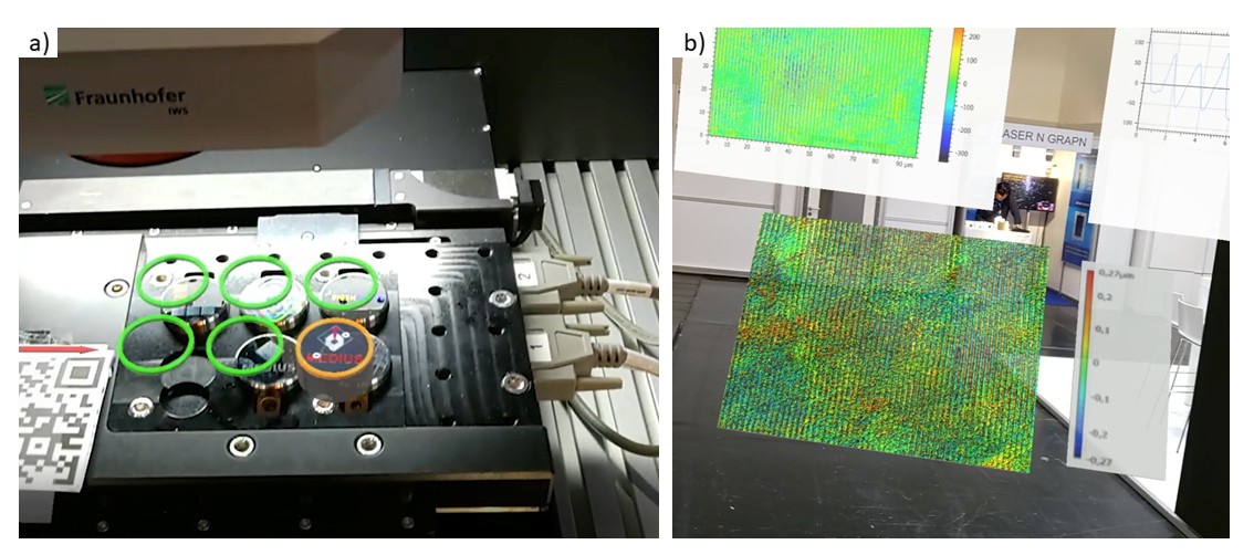 Bild 3. Darstellung der Laseranlage in AR-Umgebung, a) Probentisch mit strukturierten Stempel b) Interaktion eines Nutzers innerhalb der AR-Umgebung. Fotos: Fraunhofer IWS
