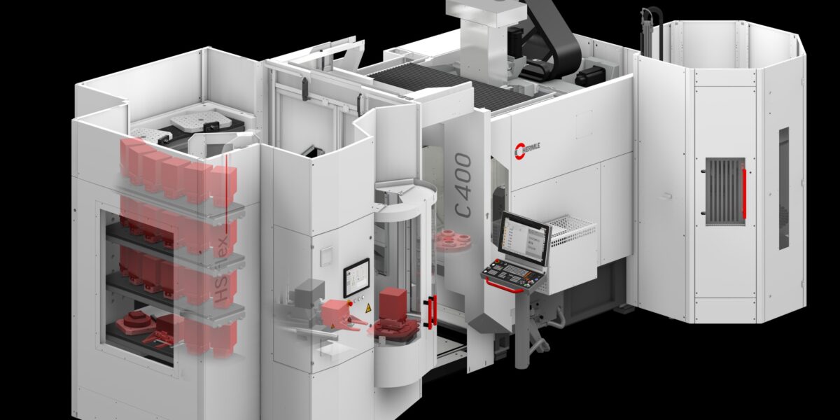 Das Handlingsystem "HS flex hybrid" mit zwei Speichermodulen, hier adaptiert an ein 5-Achs-Bearbeitungszentren „C 400“. Foto: Hermle