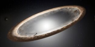 Der helle Stern in der Mitte, Fomalhaut, ist von einer alten Trümmerscheibe mit ungleichmäßiger Helligkeit umgeben