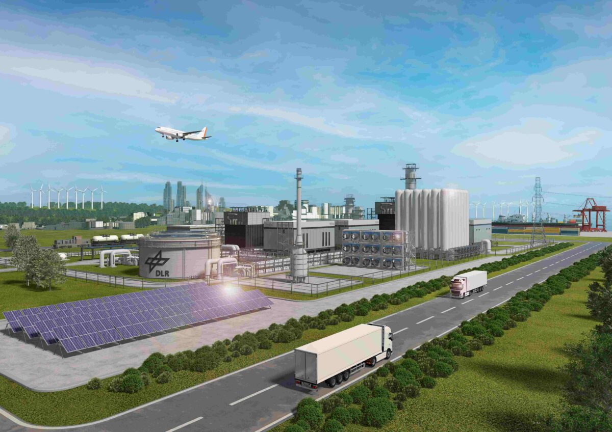 Rendering der geplanten „Technologieplattform Power-to-Liquid-Kraftstoffe (TPP)“ in Leuna. Foto: DLR
