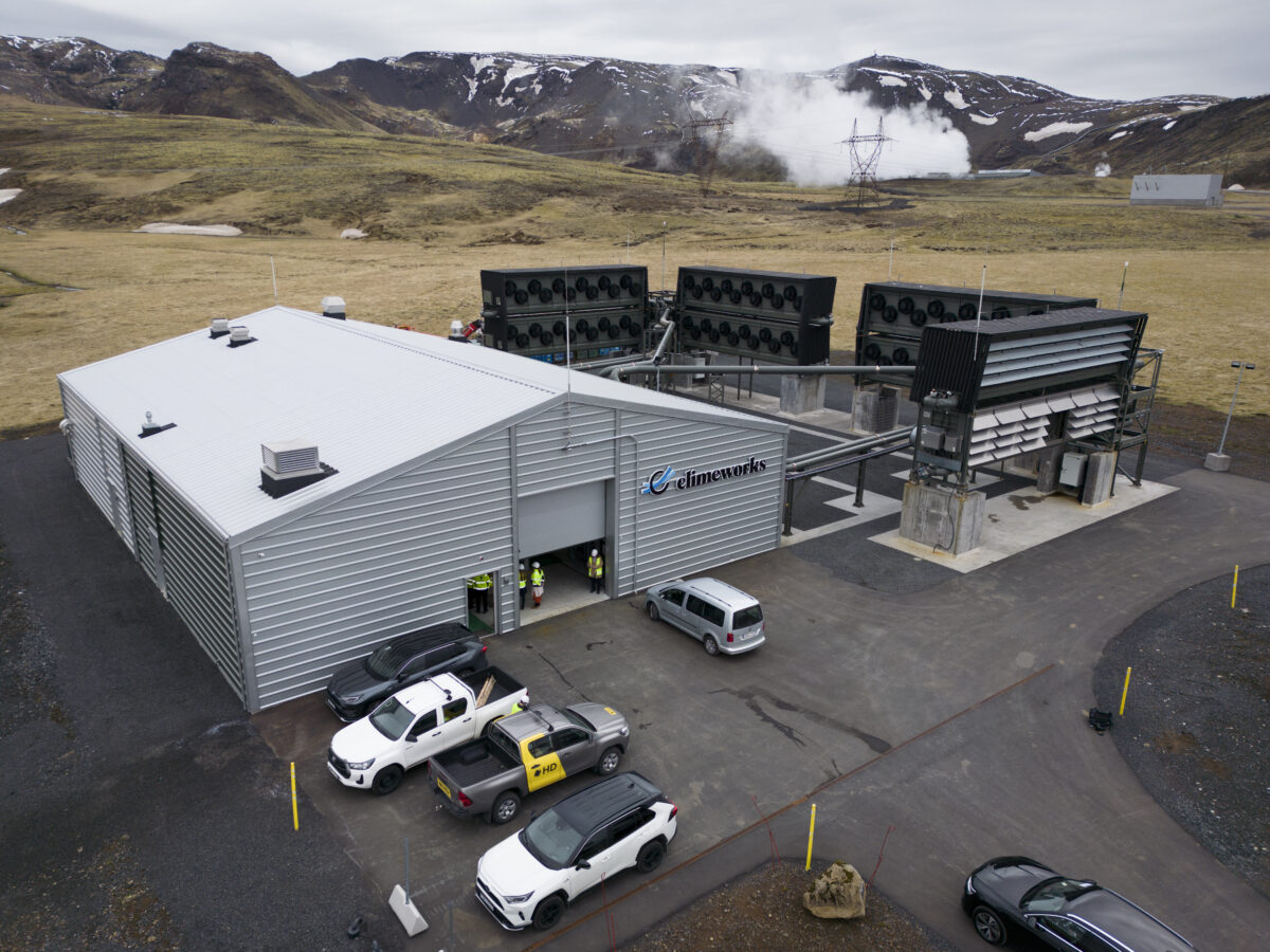 Fans with filters of Swiss company Climeworks seen during a visit to Orca belonging to Swiss company Climeworks, the world's first large-scale carbon dioxide capture plant, which extracts carbon dioxide directly from the air and deposits it underground, near Hellisheidi Power Plant, near Reykjavik, Iceland, on Tuesday, May 16, 2023. (KEYSTONE/Anthony Anex)