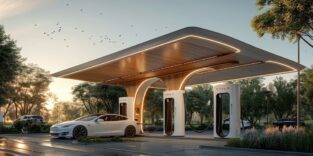 Tesla steht in einem Tesla-Ladepark mit Überdachung und lädt.