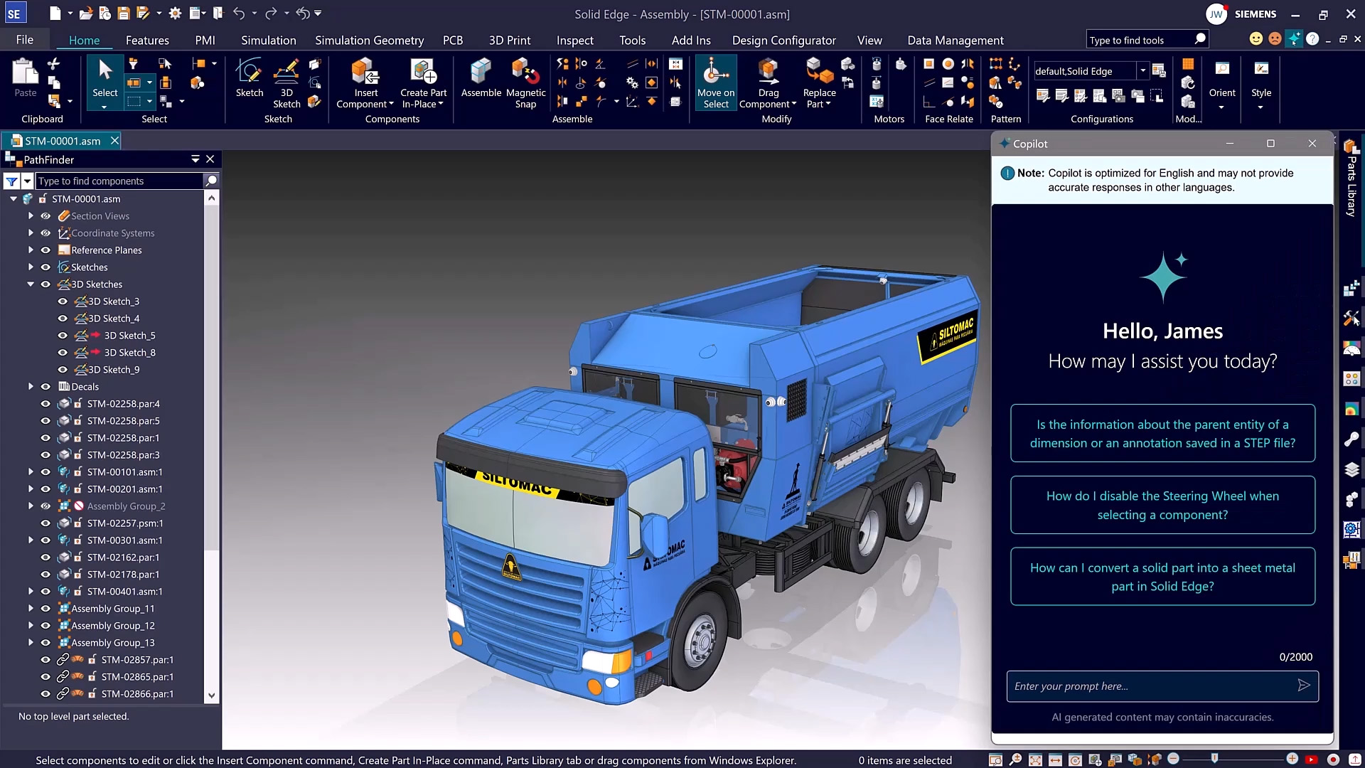 Designcenter Solid Edge 2026 führt einen neuen KI-Copiloten ein. Dieser unterstützt Anwender, über natürliche Spracheingaben schnell Hilfeinhalte zu finden. Grafik: Siemens
