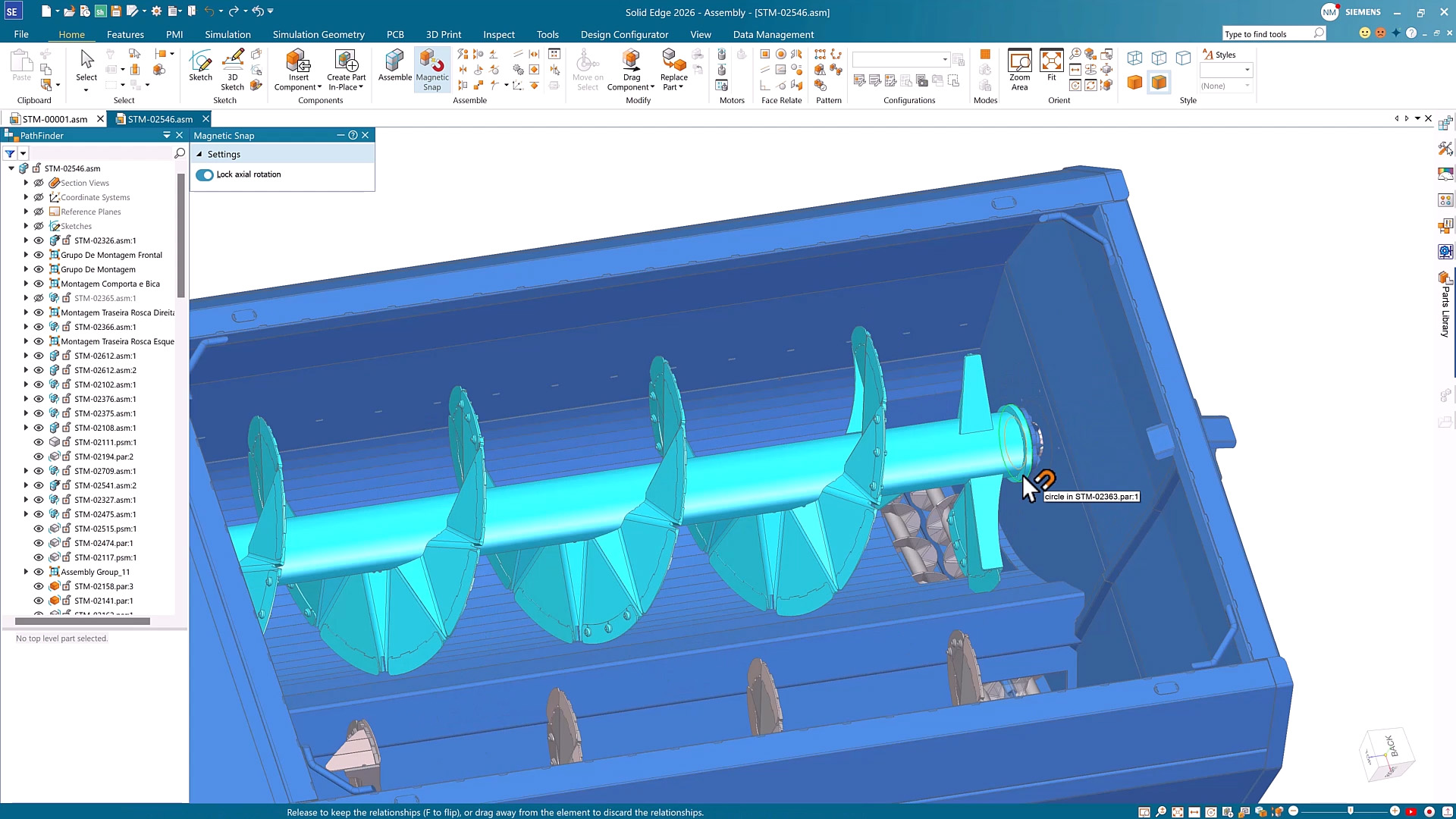 Die magnetische Baugruppenerstellung in Designcenter Solid Edge 2026 nutzt KI, um beim Platzieren von Komponenten automatisch mehrere Verbindungen zu erkennen und anzuwenden. Grafik. Siemens