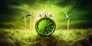 Eine Uhr steht vor einigen Windrädern