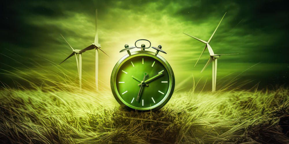 Eine Uhr steht vor einigen Windrädern