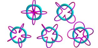 Darstellung von Knotensolitonen, die wie Kreise mit Sternen aussehen.