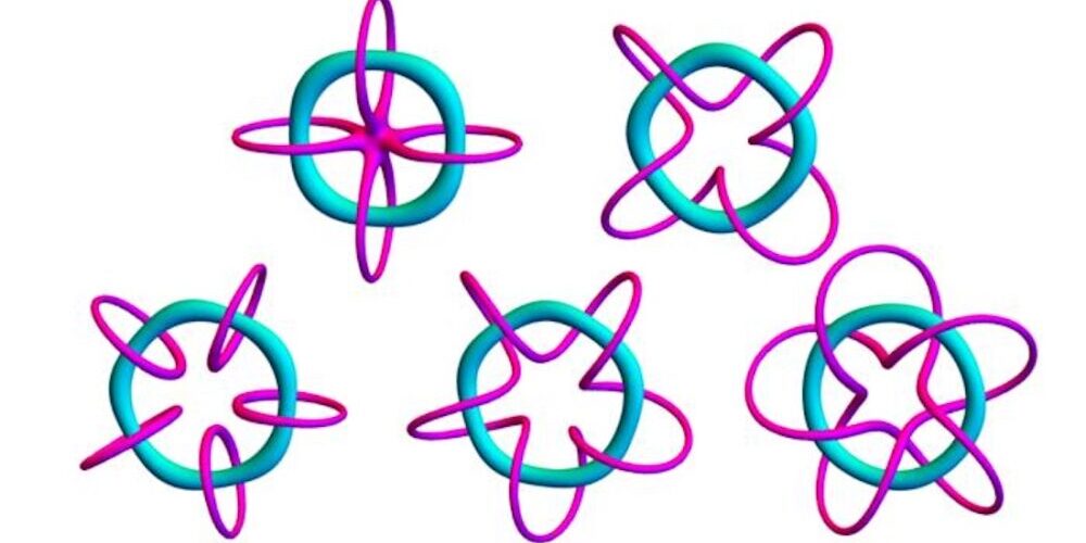 Darstellung von Knotensolitonen, die wie Kreise mit Sternen aussehen.