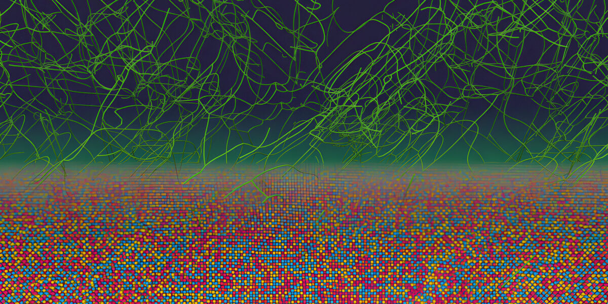 Eine Computersimulation zeigt eine Metalllegierung, in der Atome (farbige Kugeln) in subtilen chemischen Mustern unter einem Netzwerk von Versetzungen (grüne Linien) angeordnet sind