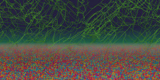 Eine Computersimulation zeigt eine Metalllegierung, in der Atome (farbige Kugeln) in subtilen chemischen Mustern unter einem Netzwerk von Versetzungen (grüne Linien) angeordnet sind