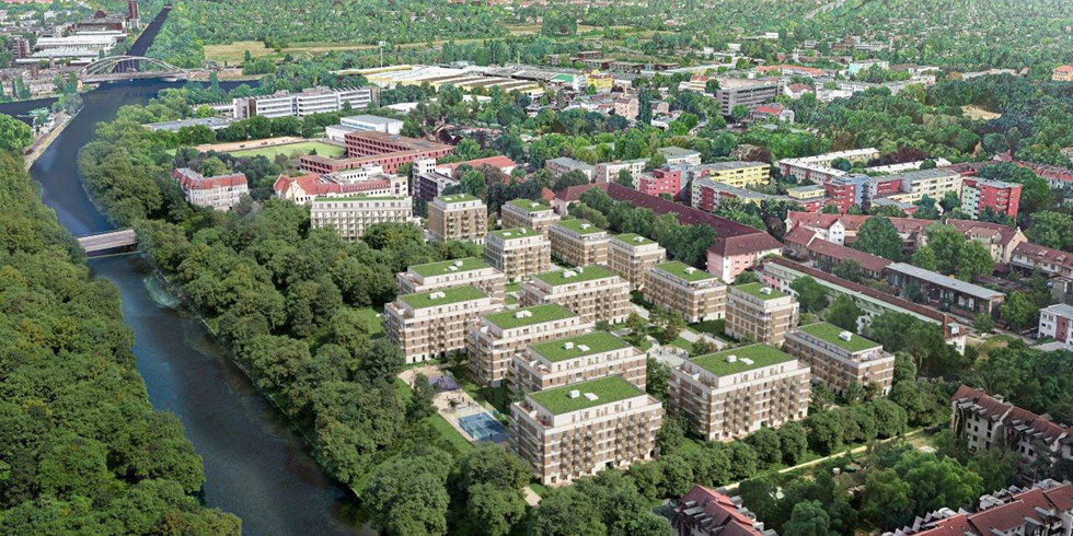 Auf dem Gelände eines ehemaligen Freizeitbades entsteht in Berlin-Neukölln das neue Wohnquartier Greenpark.<br />Foto: H´GROUP BERLIN GREENPARK GmbH & Co. KG, Köln