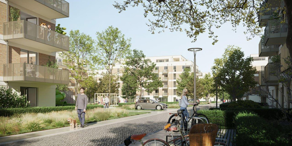 Die durch Begrünung und Gemeinschaftsflächen aufgelockerte Bebauung macht das Viertel lebenswert.<br />Foto: H´GROUP BERLIN GREENPARK GmbH & Co. KG, Köln