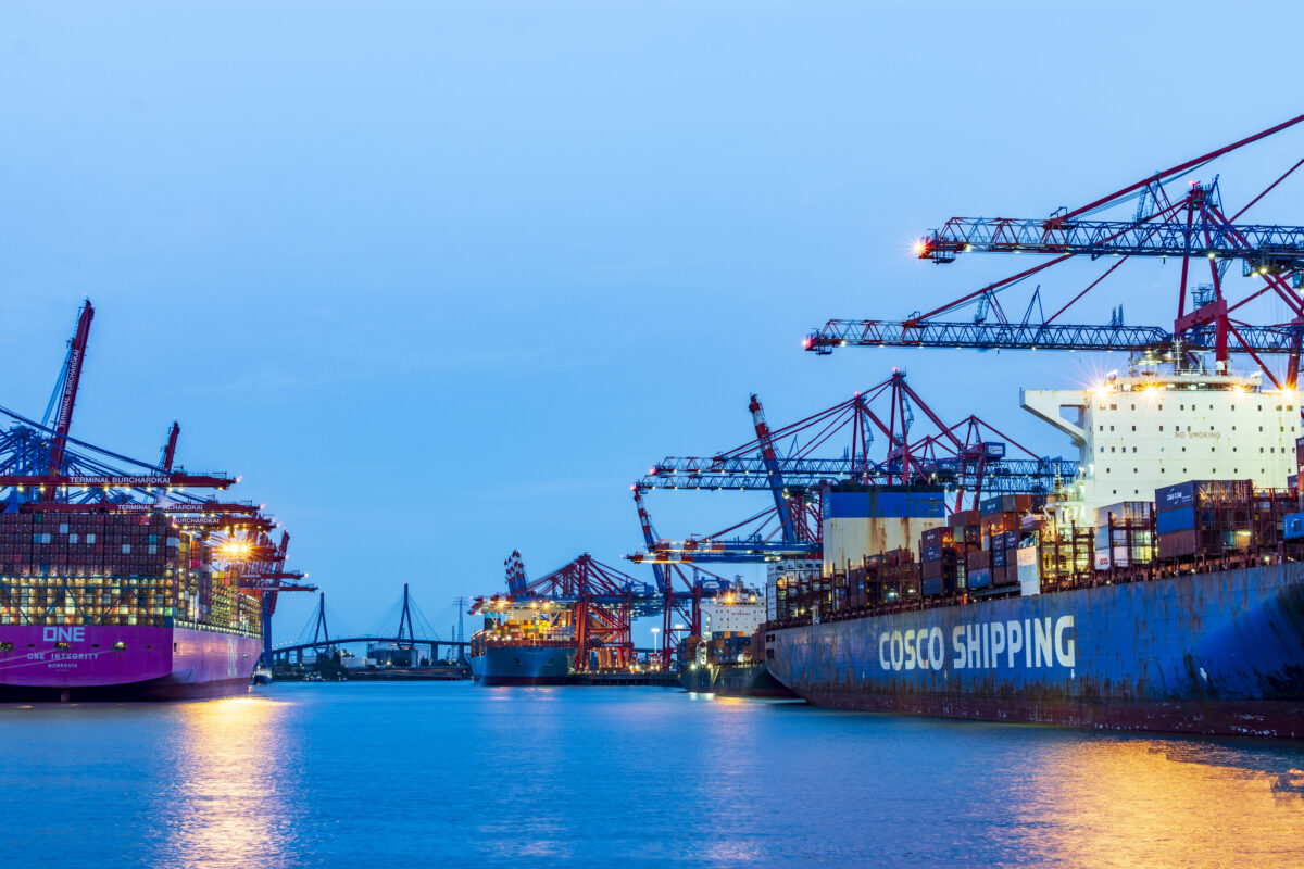 Hamburg, Container Terminal Burchardkai (CTB), HHLA’s largest terminal in the Port of Hamburg, container crane, cargo ship in Mitte, Hamburg, Germany