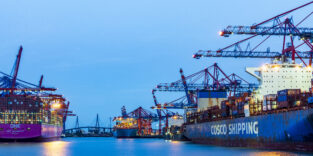 Hamburg, Container Terminal Burchardkai (CTB), HHLA’s largest terminal in the Port of Hamburg, container crane, cargo ship in Mitte, Hamburg, Germany
