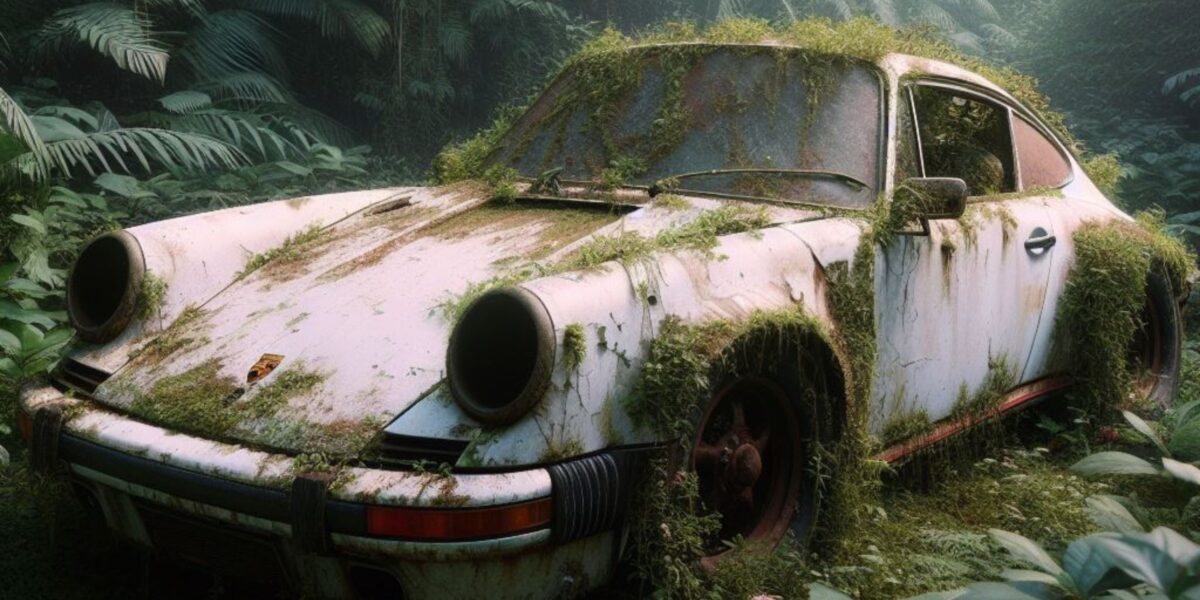 Abandoned rusty petrol super car banned for co2 emission agenda, overgrowth plants bloom flowers