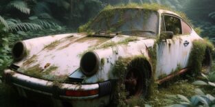 Abandoned rusty petrol super car banned for co2 emission agenda, overgrowth plants bloom flowers