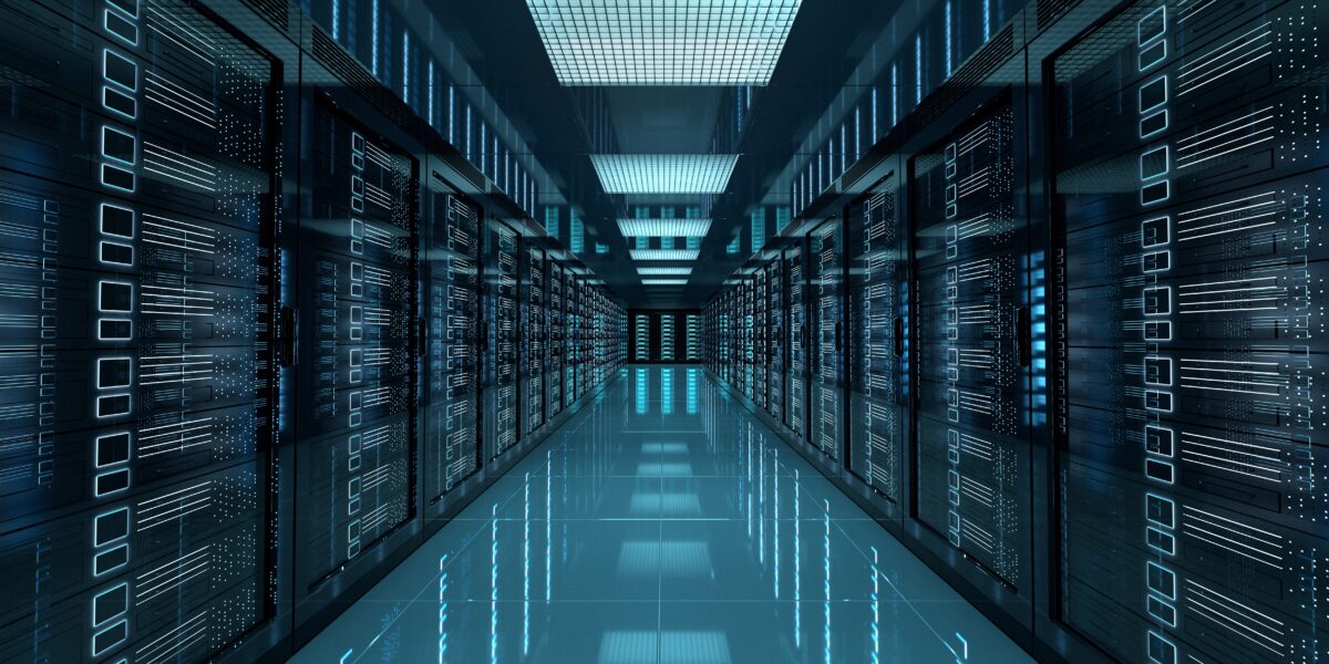 Dark servers center room with computers and storage systems 3D rendering