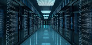 Dark servers center room with computers and storage systems 3D rendering