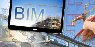 Building Information Modeling, BIM, a new way of architecture designing - concept image with metal scaffolding, tower crane, construction machinery in a construction site and 3D render of a digital table
