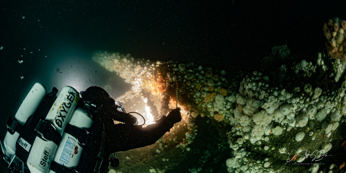 Taucher untersucht das Wrack der HMS Bayano