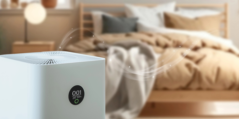 Ein Luftreiniger in einem Schlafzimmer.