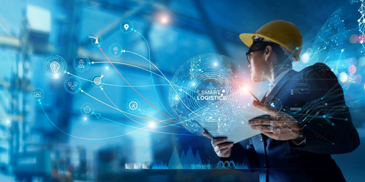 Manager worker using tablet on logistic network distribution and tracking delivery on smart transportation networking intelligent logistics of container cargo, Logistic import export and industry