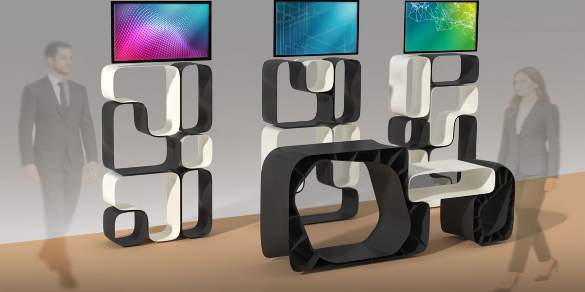 Rendering des Formnext-Messestandes: Das Fraunhofer IWU druckte sein gesamtes Mobiliar selbst (helle Elemente: biokompostierbarer Kunststoff; dunkle Elemente: recyclingfähiges Polypropylen). Foto: Fraunhofer IWU/Constanze Kuring